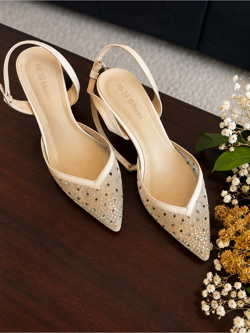 Pointed Beige Slingback Heels with Crystal Detail
